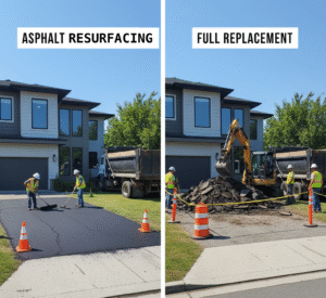 Workers performing asphalt driveway resurfacing on a residential driveway, showing fresh smooth asphalt and construction equipment in a suburban home setting.