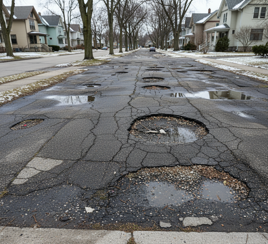 Damaged asphalt driveway in Buffalo, NY showing cracks and potholes, highlighting the need for asphalt driveway repair in Buffalo NY