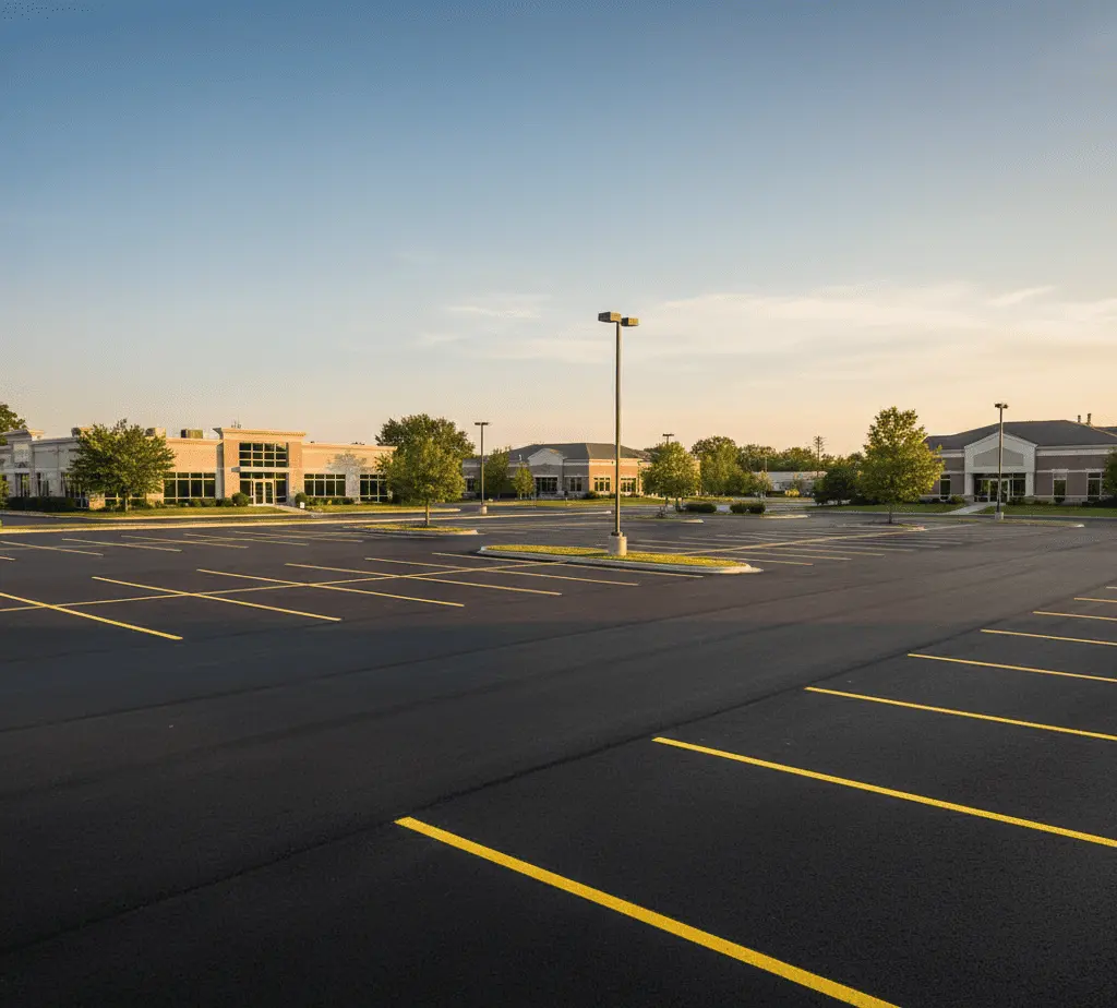 Commercial asphalt repair work being done in a Buffalo, NY business parking lot