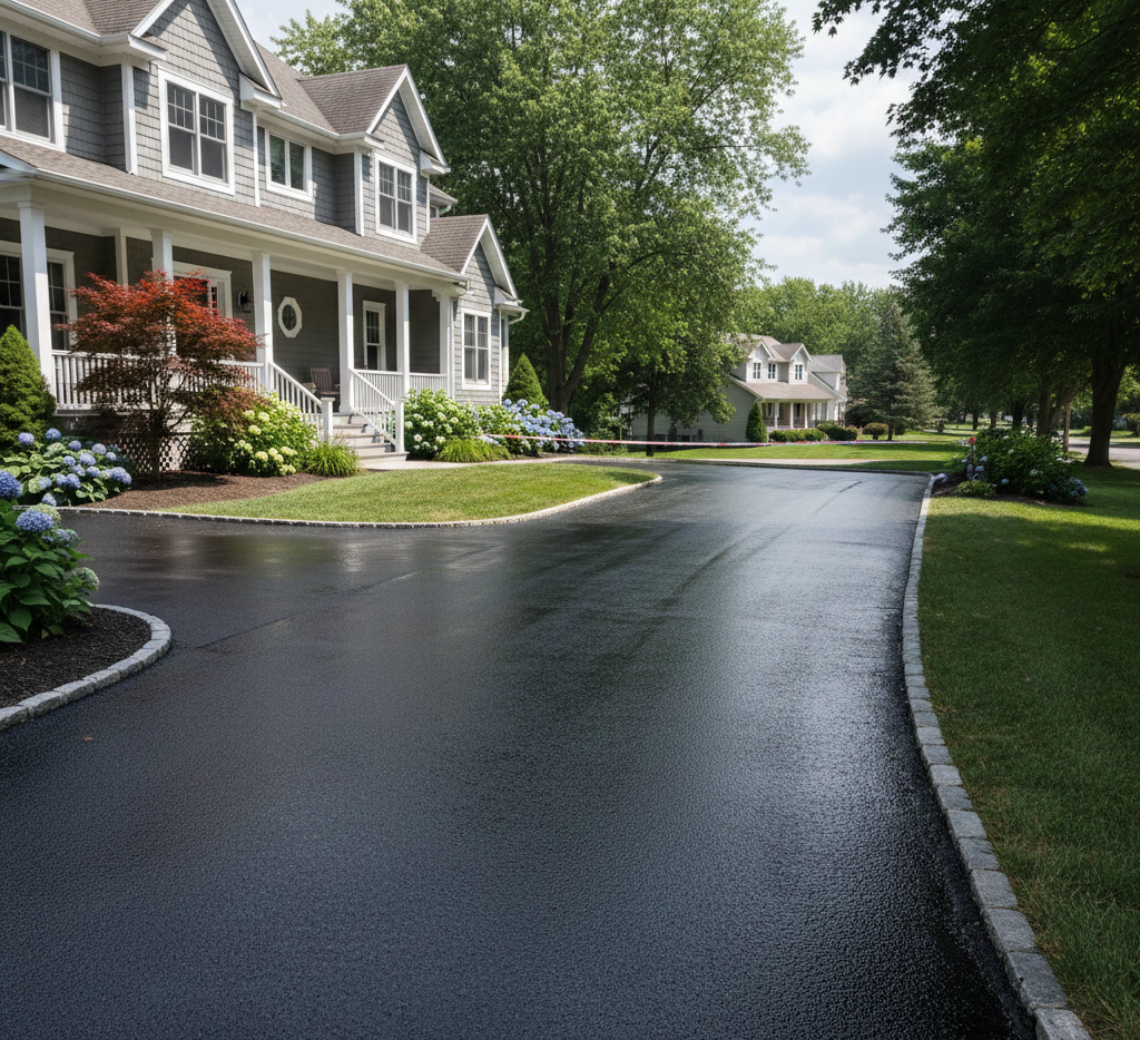 Freshly sealed blacktop driveway in Buffalo, NY