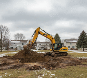 Residential excavation equipment clearing a backyard in Buffalo, NY