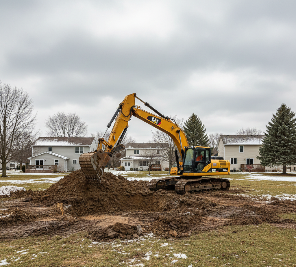 Residential excavation equipment clearing a backyard in Buffalo, NY