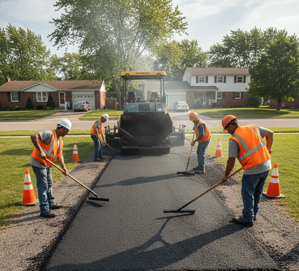 Professional driveway paving contractors working on a Buffalo, NY residential driveway