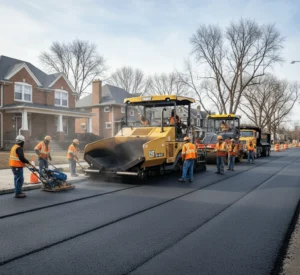Professional paving construction crew working on road paving in Buffalo, NY