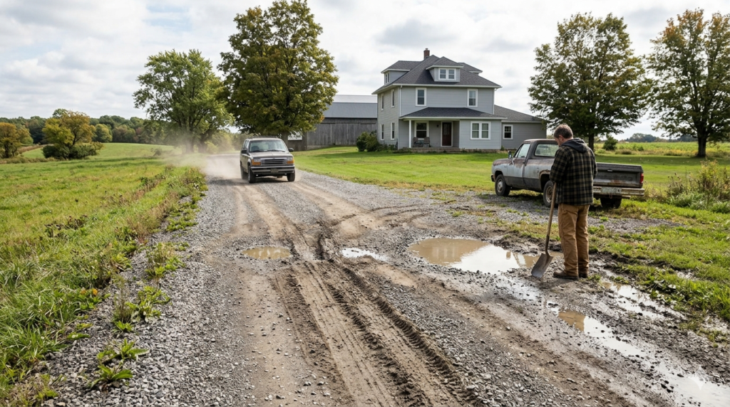 Rural Buffalo homeowner inspecting a damaged gravel driveway with potholes and dust.